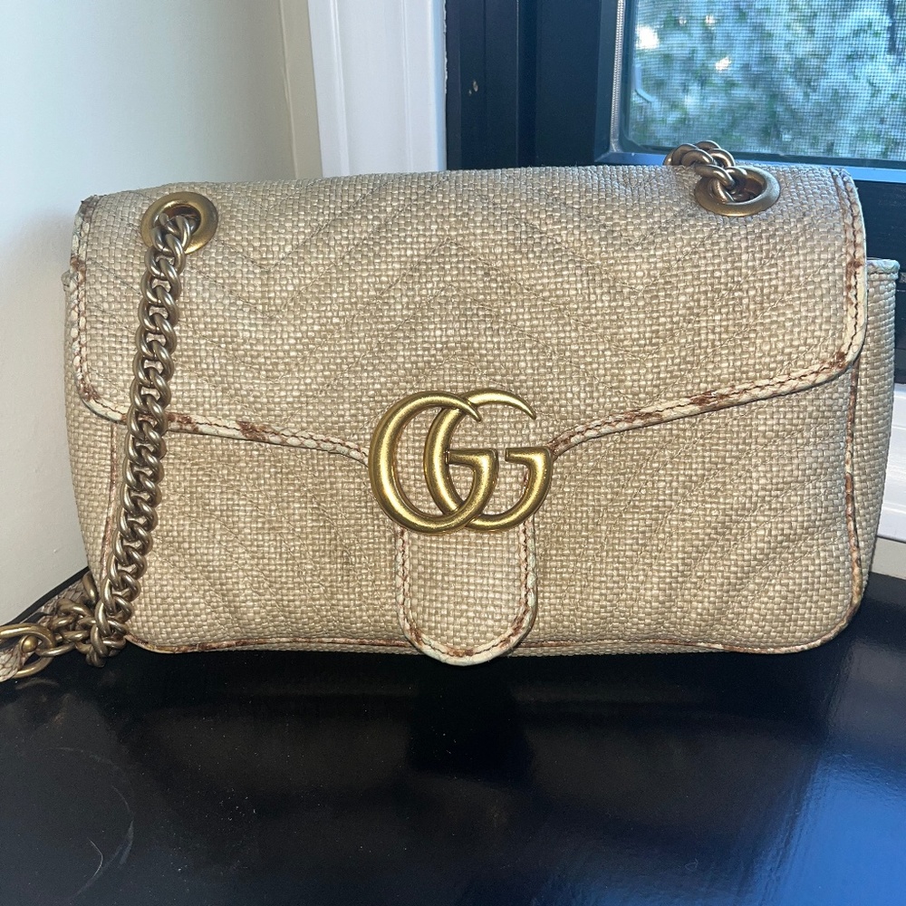 Gucci GG Marmont Chain Shoulder Bag Raffia Python Beige
